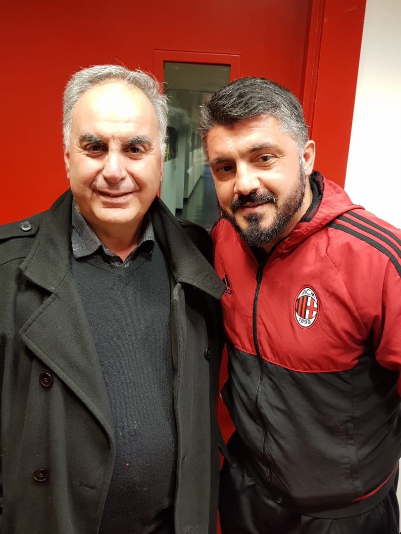 Our Michael Yiakoumi with AC Milan manager Gennaro Gattuso the former Italian World cup winning football superstar
