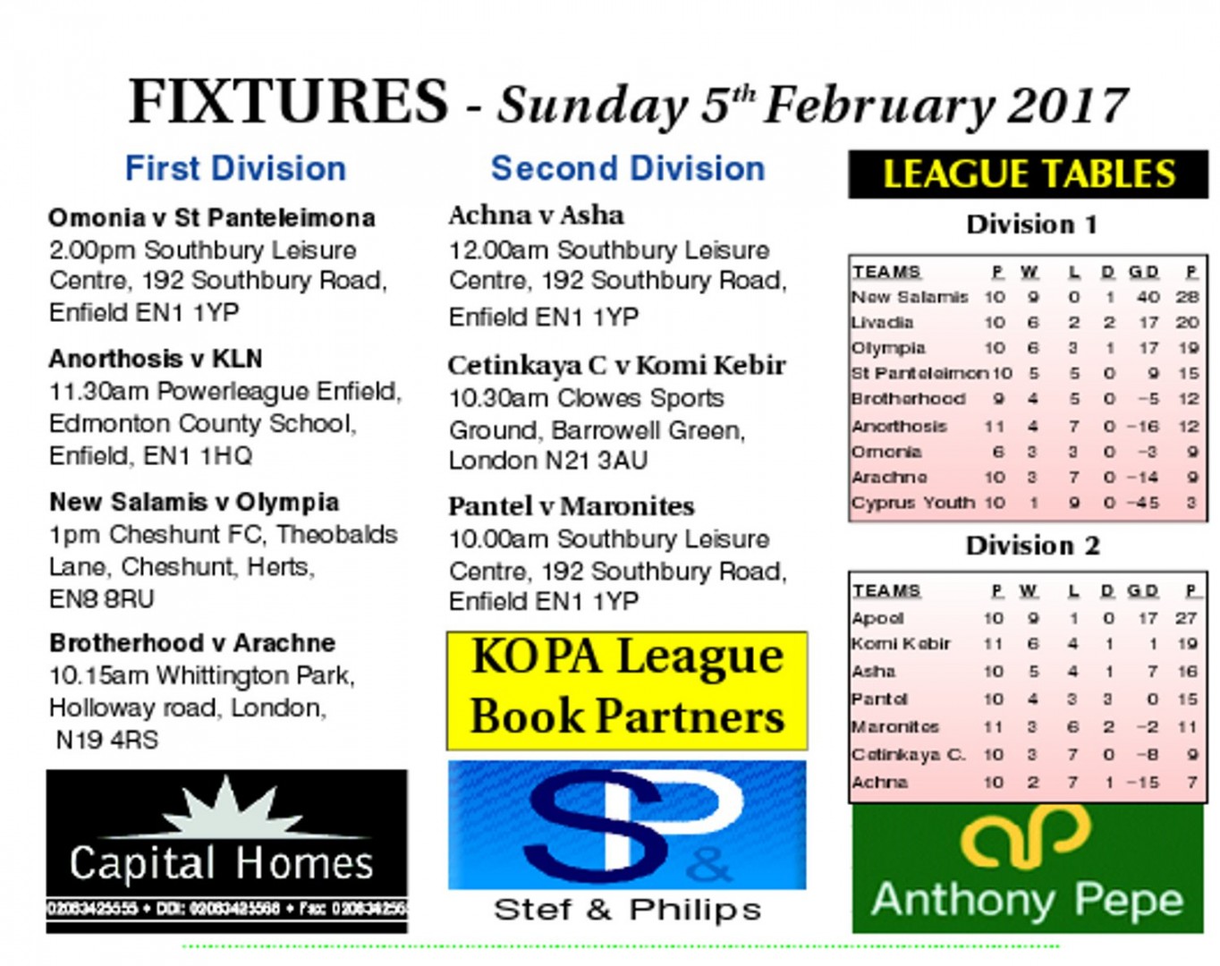 KOPA Football League fixtures