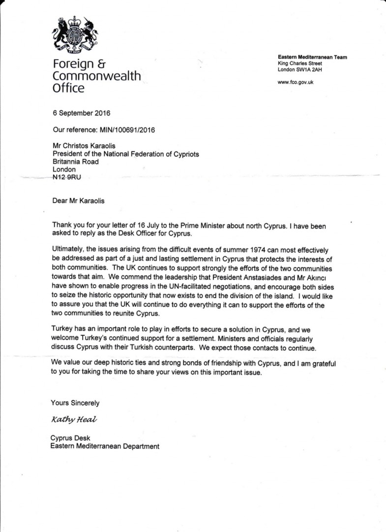 Foreign Office letter reaffirms UK support for a just settlement in Cyprus