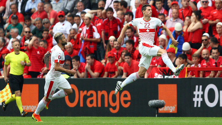 Schaer header seals Swiss win over 10-man Albania