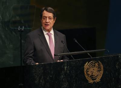 epa04950525 President Nicos Anastasiades of Cyprus delivers his address during the United Nations Sustainable Development Summit which is taking place for three days before the start of the 70th session General Debate of the United Nations General Assembly at United Nations headquarters in New York, New York, USA, 26 September 2015.  EPA/MATT CAMPBELL
