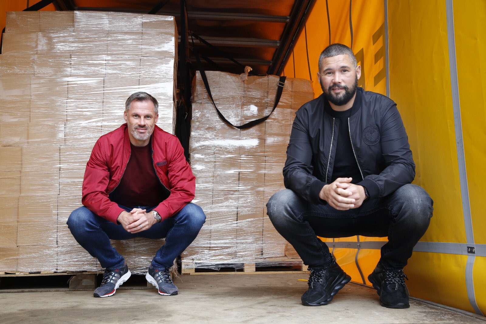 Footballer Jamie Carragher and boxer Tony Bellew help Yianis Christodoulou foundation deliver food packages to Liverpool vulnerable and homeless
