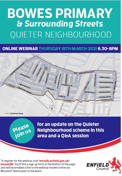 Enfield Council: Find out more about the trial of the Bowes Primary and Surrounding Streets Quieter Neighbourhood.