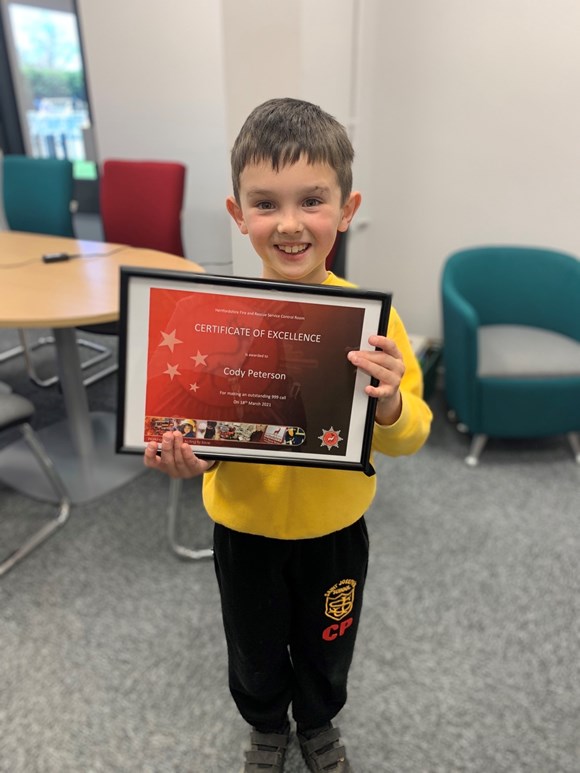 Eight-year-old boy praised by Hertfordshire Fire and Rescue Service for his “incredible presence of mind” during a 999 fire call