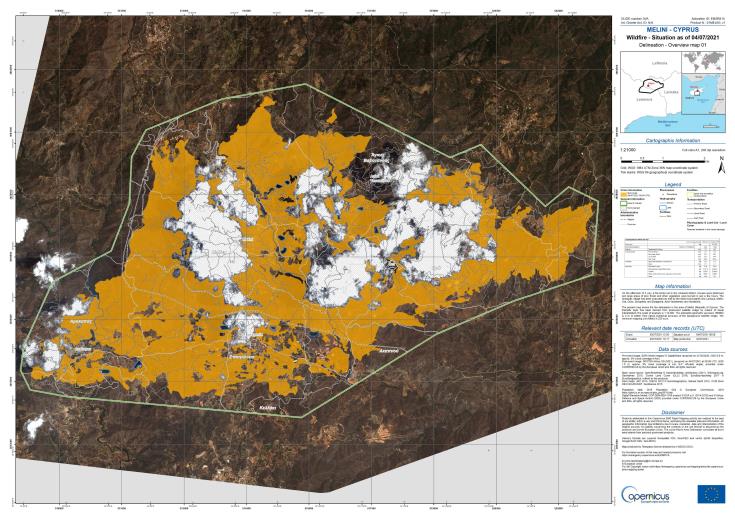 The EU satellite mapping service estimates the area burnt in Cyprus by Saturday`s fire in the Limassol area at 3,134 hectares.