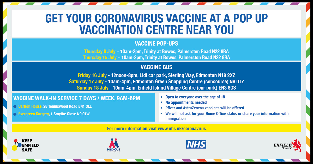 Enfield council: Get your Coronavirus vaccine at a pop up vaccination centre near you