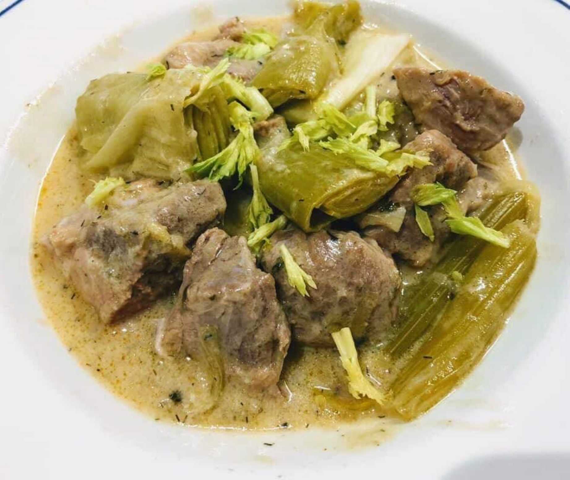UK Cypriot celebrity Chef Loulla Astin cooks Pork with leeks and celery avgolemono