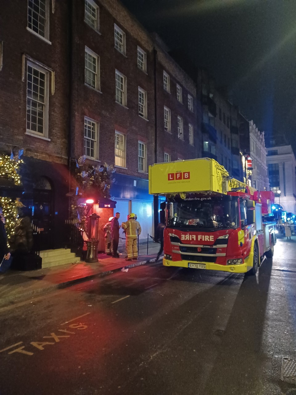 Firefighters are issuing an urgent warning after a fire at a Mayfair restaurant was believed to have been caused by an indoor sparkler catching a natural Christmas tree alight.