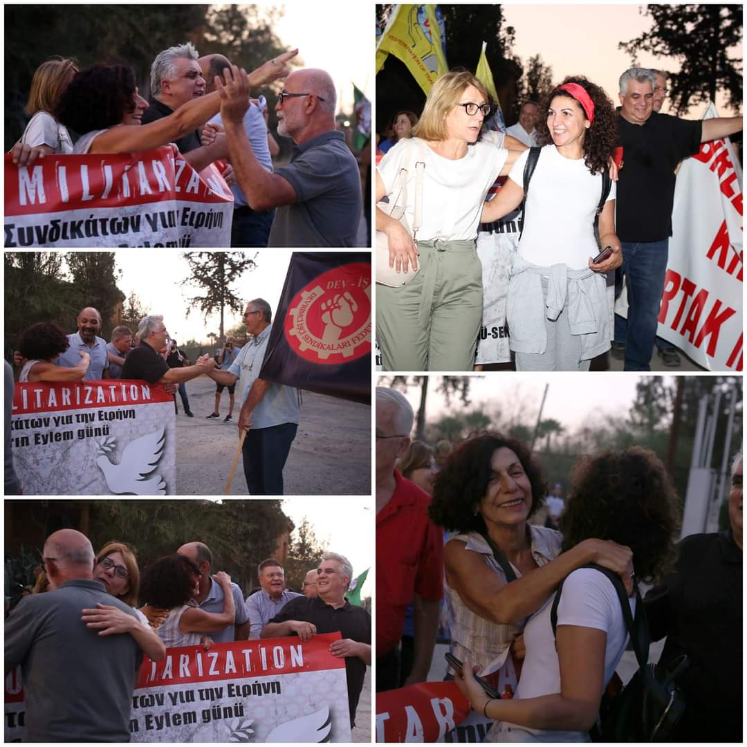Greek Cypriot and Turkish Cypriot class brothers and sisters converge and embrace each other in the UN-administered buffer zone in Nicosia