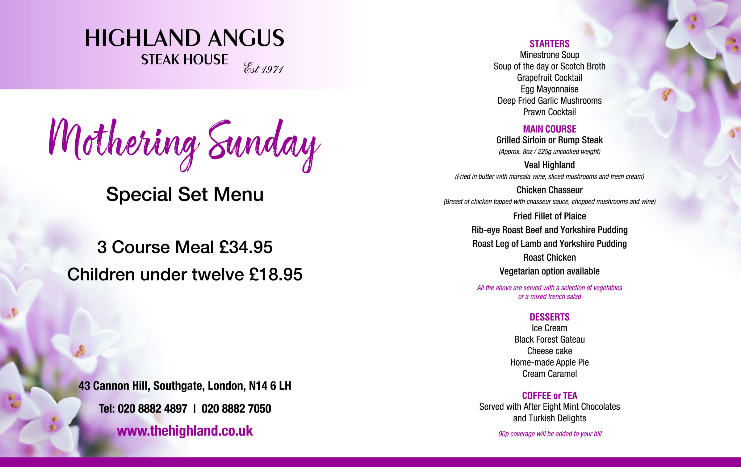 Enjoy Mothering Sunday at the Highland Angus Steak House in Southgate