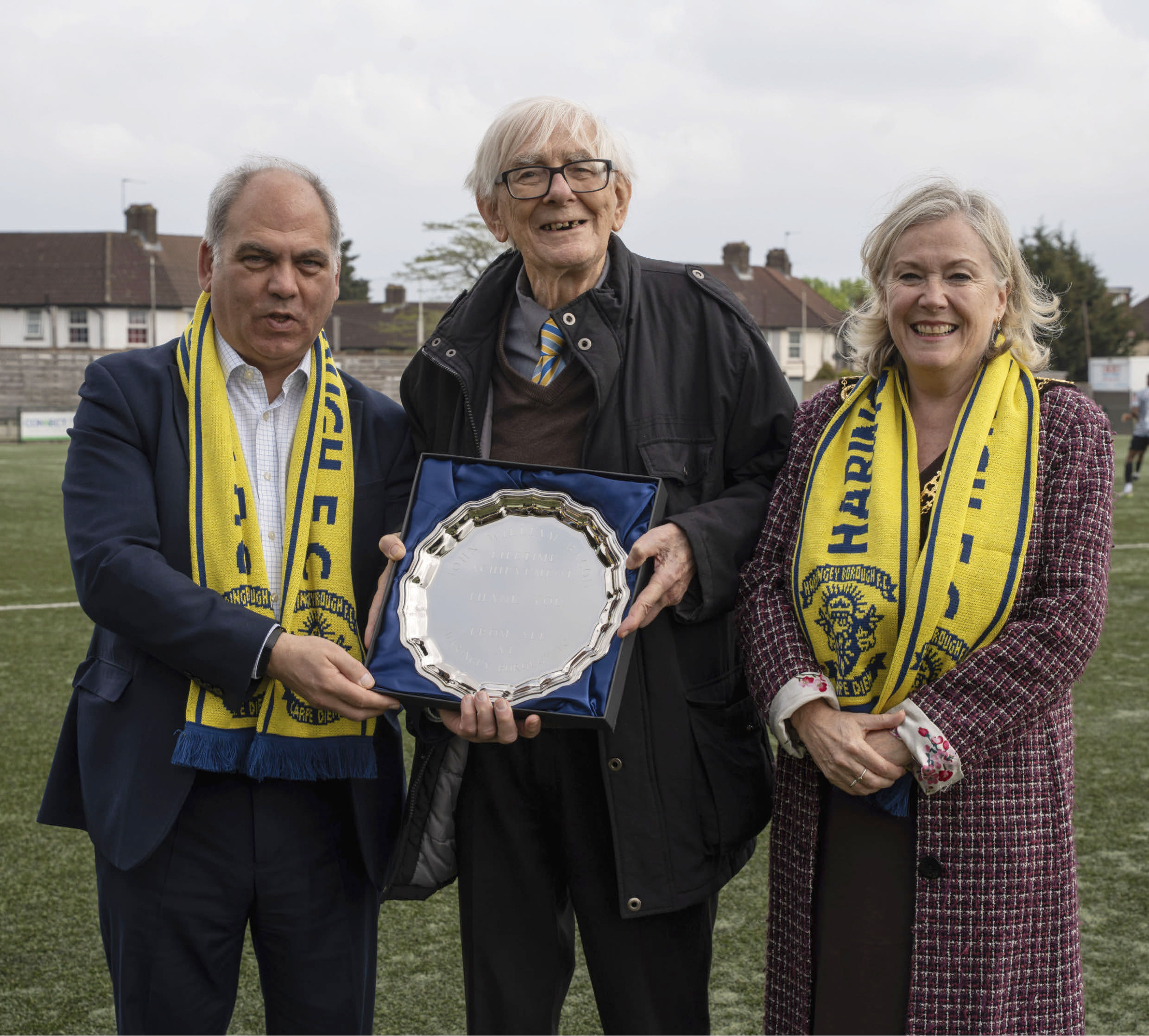 Awards presented by Bambos Charalambous MP and the Mayor of Haringey Sue Jameson at the Haringey Borough final home match in front of a massive crowd