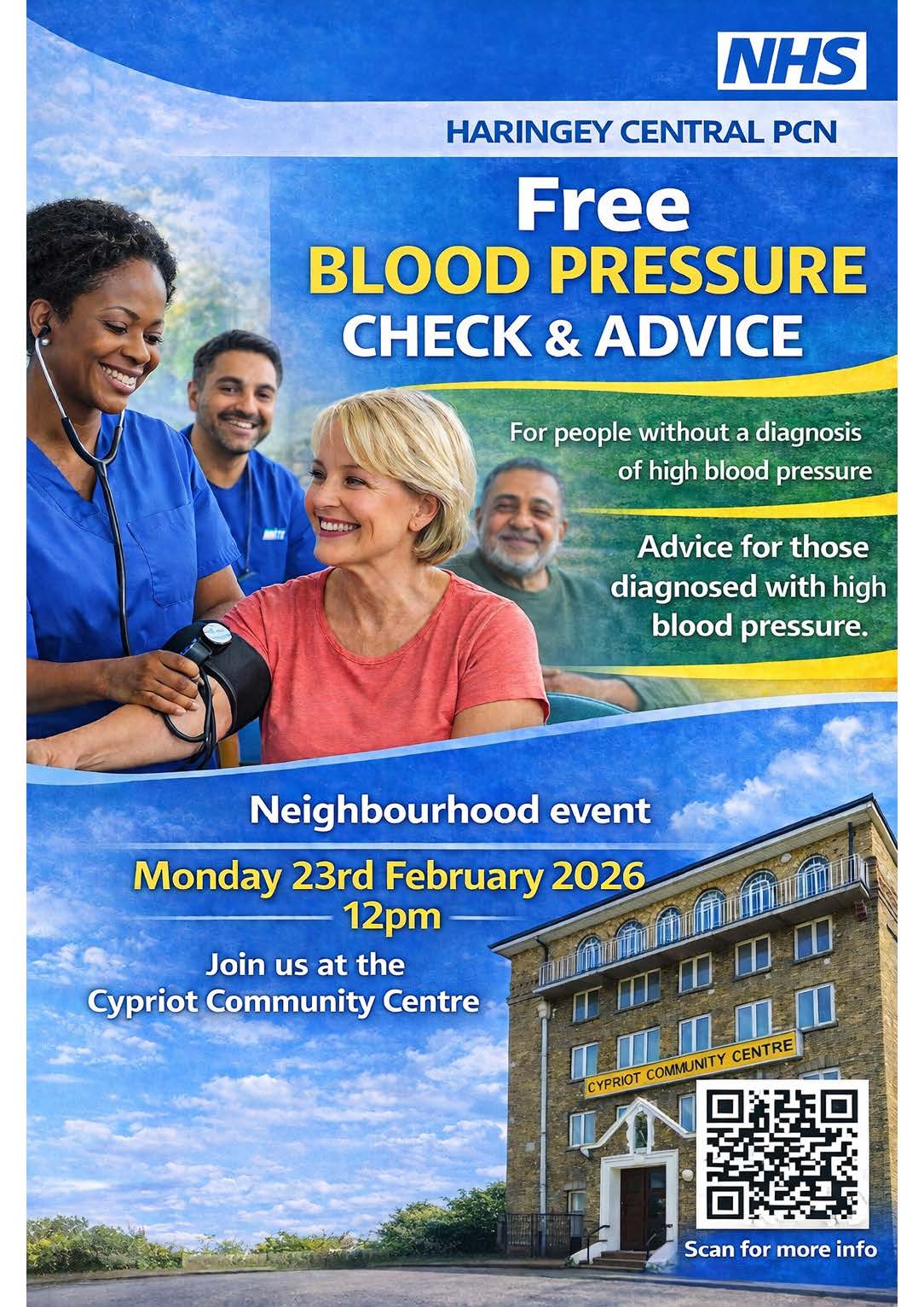 Free Blood Pressure Check and advice at the Cypriot Community Centre in Wood Green