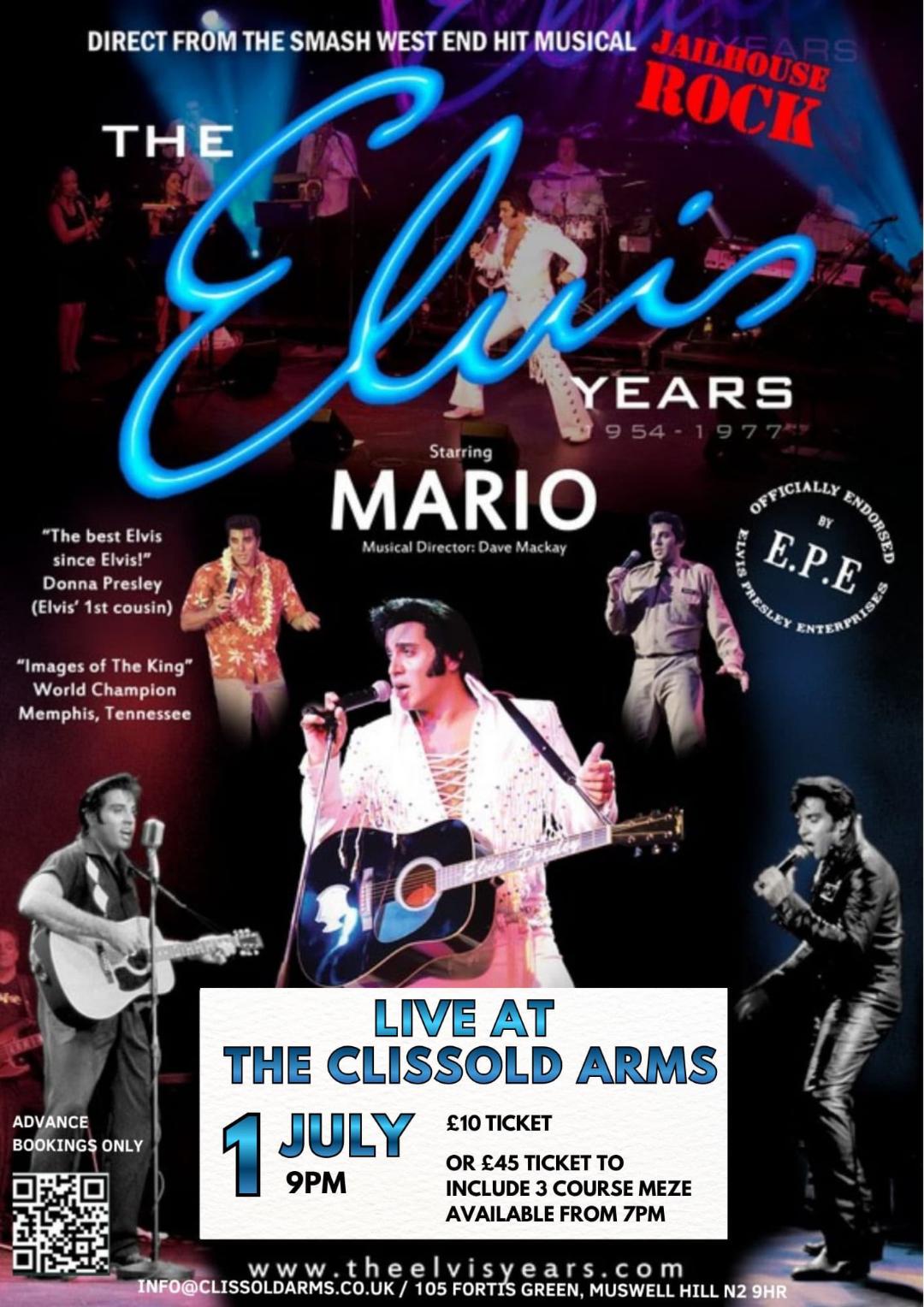 Double feature night at Clissold Arms with Mario Elvis show at 9 following England live match kicking off at 5