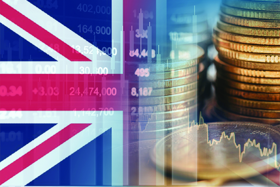 United Kingdom UK flag with stock market finance, economy trend graph digital technology.