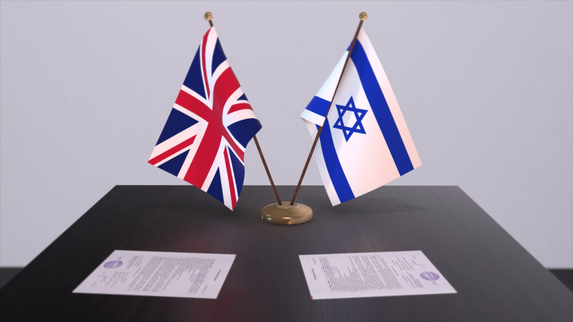 Israel and UK flag. Politics concept, partner deal beetween countries. Partnership agreement of governments 3D illustration.