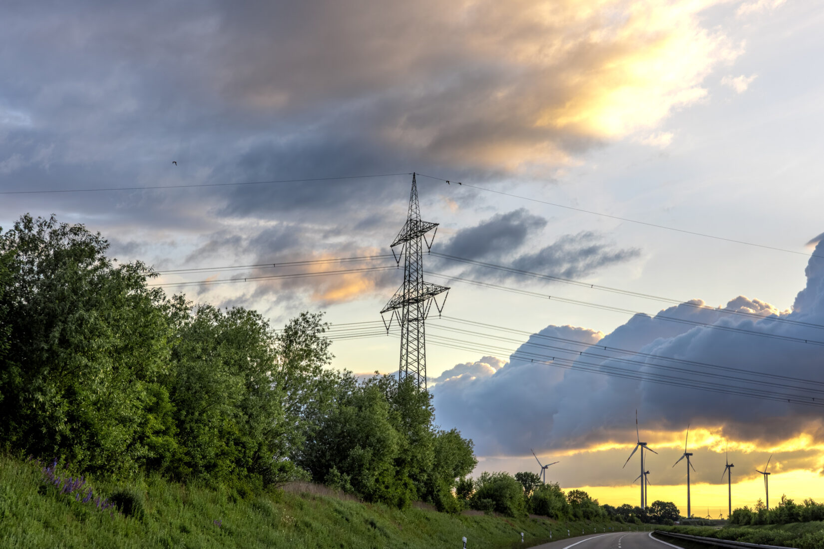 Tall metal electricity pylon in the foreground with golden clouds and sky at sunset.
